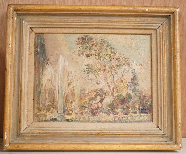 Marian Kratochwil (Polish, 1905-1997), Impressionist oil on board, ‘Fountain, Kensington Gardens’, signed verso, 16 x 21cm. Condition - fair, would benefit from a clean